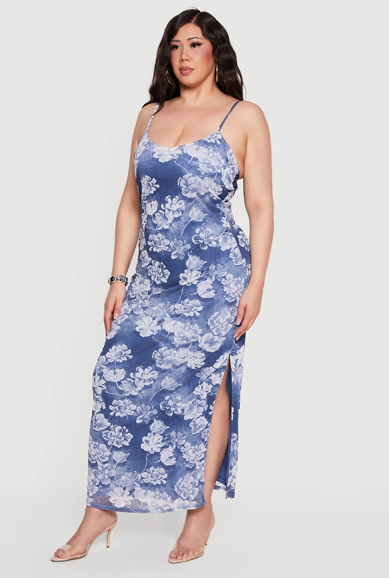 Plus Floral Scoop Neck Maxi Cami Dress with Side Slit