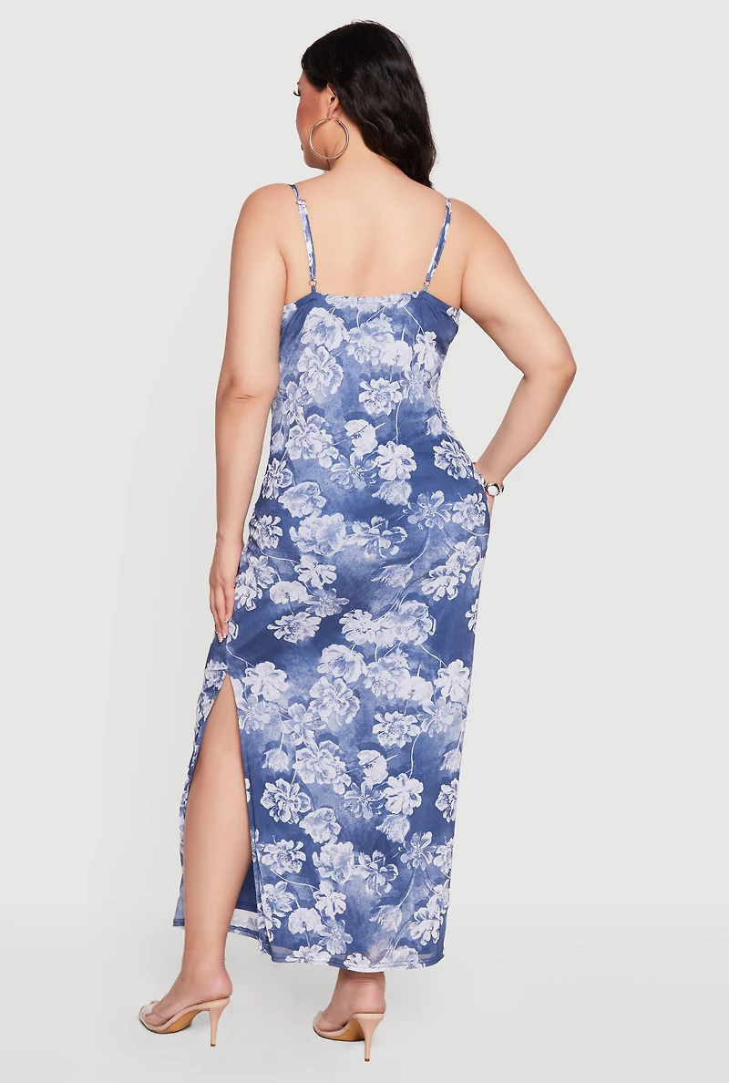Plus Floral Scoop Neck Maxi Cami Dress with Side Slit