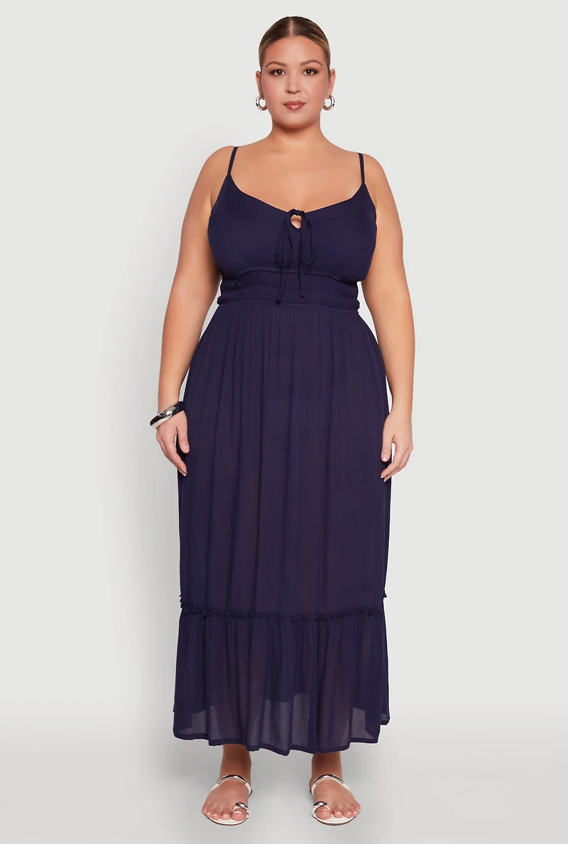 Womens Plus Tiered Scoop Neck Maxi Dress, Blue,