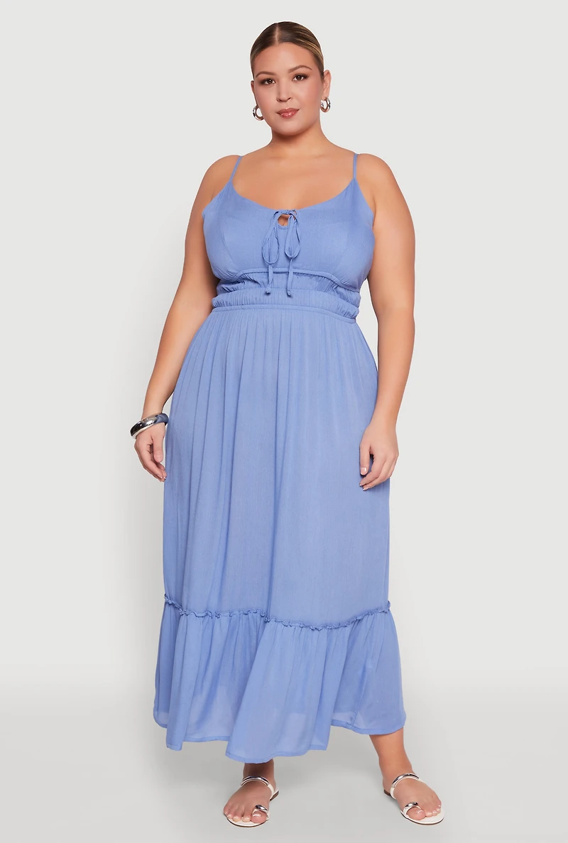 Womens Plus Tiered Scoop Neck Maxi Dress, Blue,