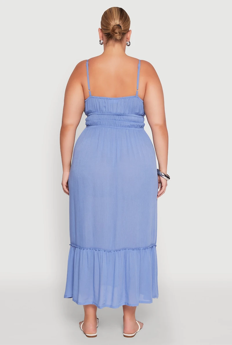 Womens Plus Tiered Scoop Neck Maxi Dress, Blue,