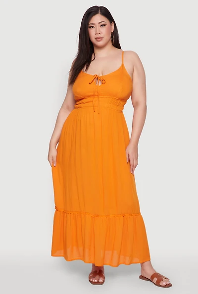 Womens Plus Size Tiered Scoop Neck Maxi Dress, Orange, Size 1X