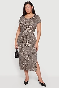 Plus Leopard Print Rib Knit Side Slit Dress