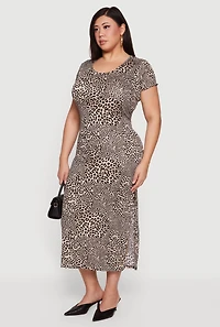 Plus Leopard Print Rib Knit Side Slit Dress