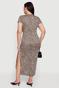 Plus Leopard Print Rib Knit Side Slit Dress