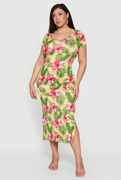 Plus Floral Print Side Slit Midi Dress