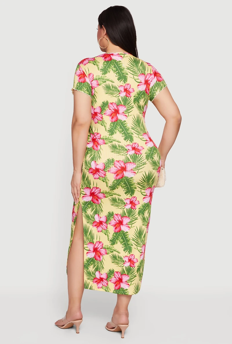 Plus Floral Print Side Slit Midi Dress
