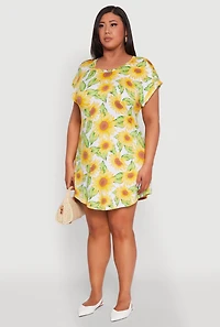 Womens Plus Size Sunflower Print Mini Dress, Multi, Size 2X