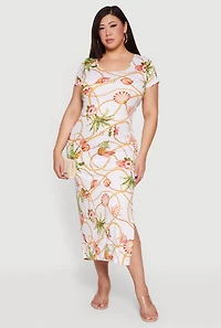 Plus Rib Knit Tropical Chain Patterned Midi Dress