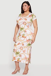 Plus Rib Knit Tropical Chain Patterned Midi Dress