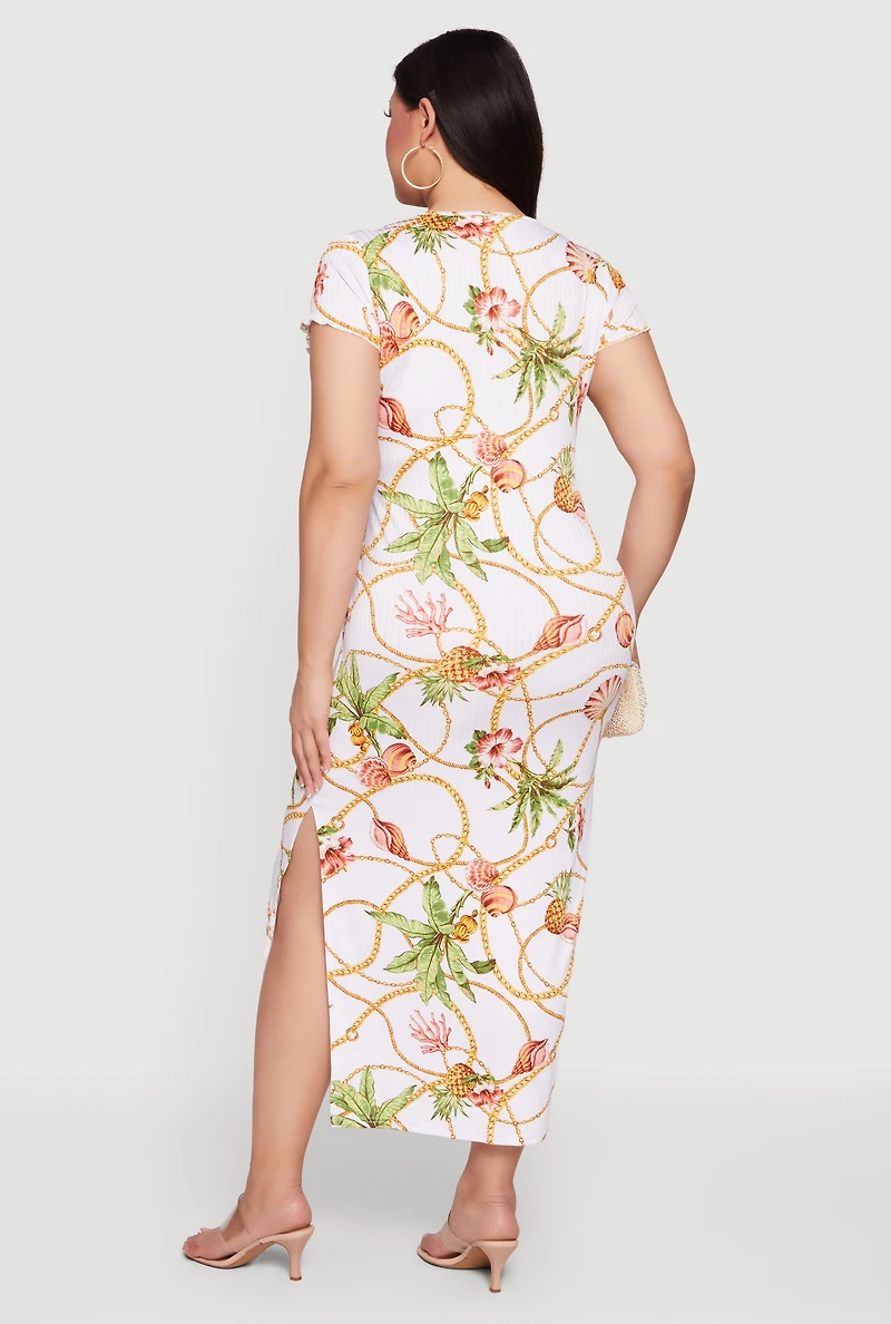 Plus Rib Knit Tropical Chain Patterned Midi Dress