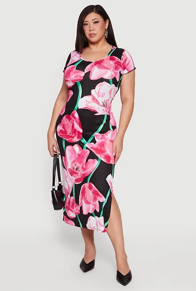 Plus Floral Print Side Slit Ribbed Knit Dress