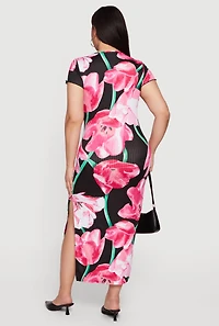 Plus Floral Print Side Slit Ribbed Knit Dress