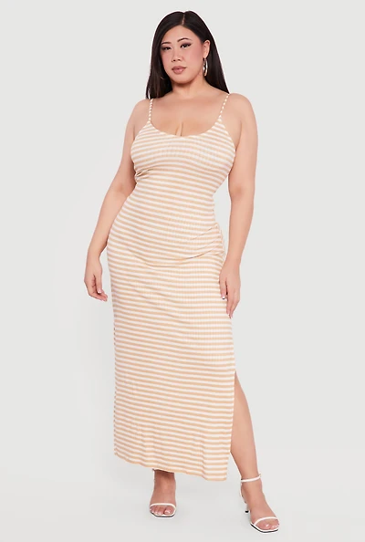 Plus Striped Rib Knit Side Slit Cami Maxi Dress