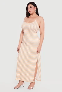Plus Striped Rib Knit Side Slit Cami Maxi Dress