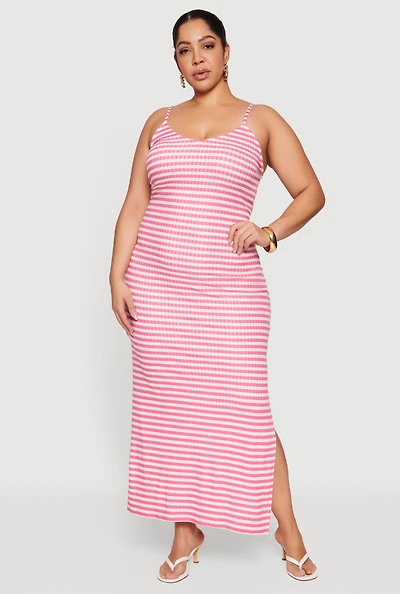 Plus Striped Rib Knit Side Slit Cami Maxi Dress