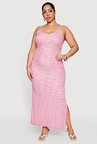 Plus Striped Rib Knit Side Slit Cami Maxi Dress