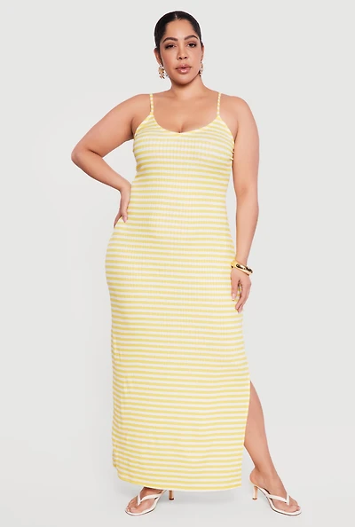 Plus Striped Rib Knit Side Slit Cami Maxi Dress