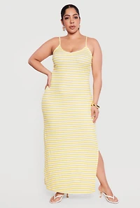 Plus Striped Rib Knit Side Slit Cami Maxi Dress