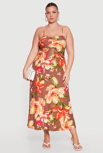 Plus Floral Print Ruched Sleeveless Maxi Dress