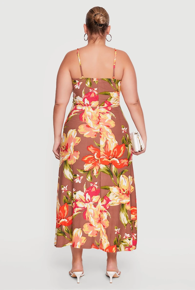 Plus Floral Print Ruched Sleeveless Maxi Dress