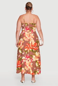 Plus Floral Print Ruched Sleeveless Maxi Dress