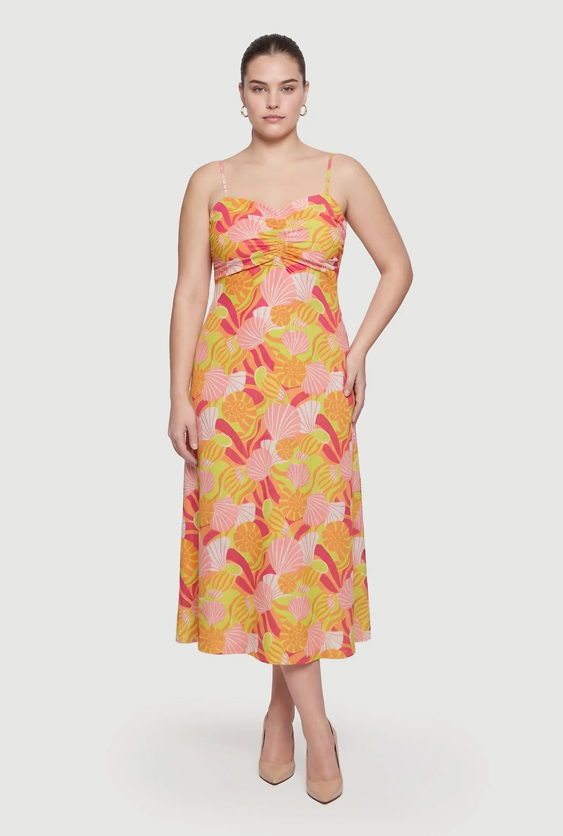 Plus Shell Patterned Ruched Midi Dress