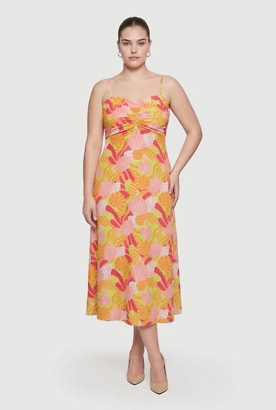 Plus Shell Patterned Ruched Midi Dress