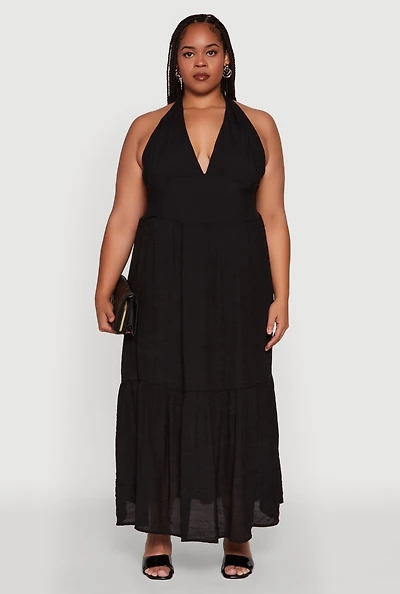 Womens Plus Size Chic Smocked Back Halter Maxi Sundress, Black, Size 3X