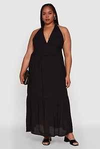 Womens Plus Size Chic Smocked Back Halter Maxi Sundress, Black, Size 1X
