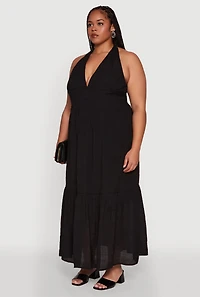 Womens Plus Size Chic Smocked Back Halter Maxi Sundress, Black, Size 1X