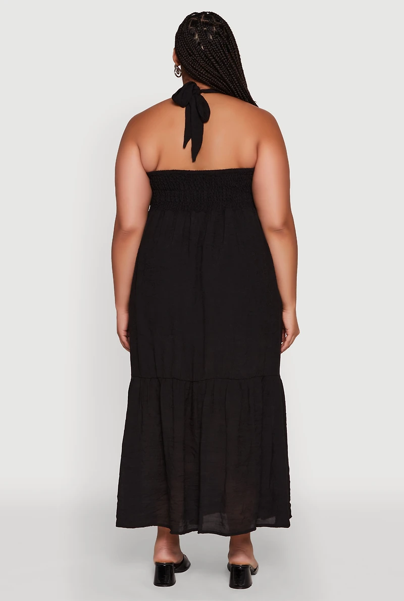 Womens Plus Size Chic Smocked Back Halter Maxi Sundress, Black, Size 1X