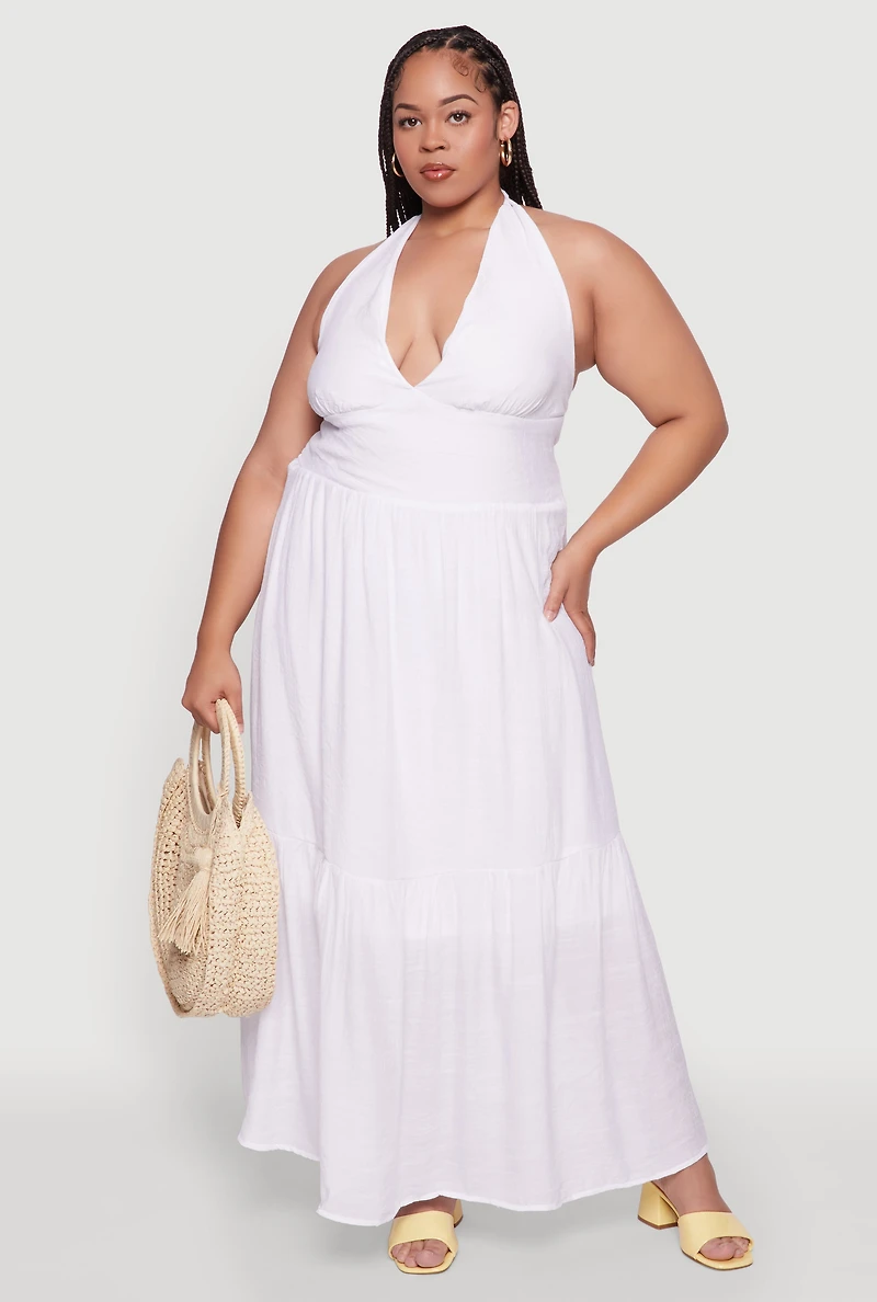 Womens Plus Size Chic Smocked Back Halter Maxi Sundress, White, Size 3X