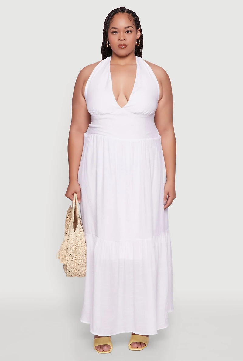 Womens Plus Size Chic Smocked Back Halter Maxi Sundress, White, Size 3X