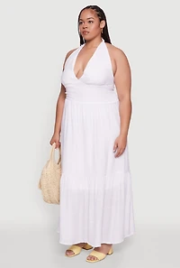 Womens Plus Size Chic Smocked Back Halter Maxi Sundress, White, Size 2X