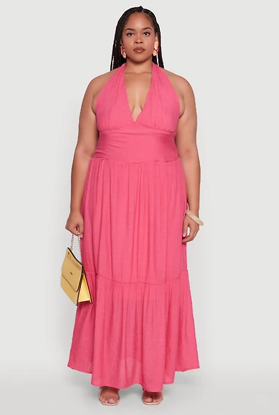 Womens Plus Chic Smocked Back Halter Maxi Sundress,