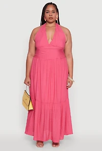 Womens Plus Chic Smocked Back Halter Maxi Sundress, Pink,
