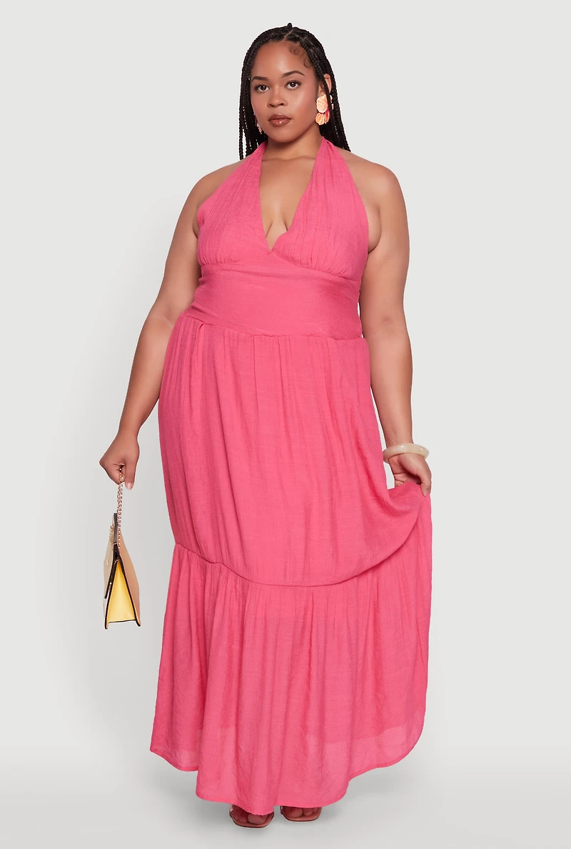 Womens Plus Chic Smocked Back Halter Maxi Sundress, Pink,