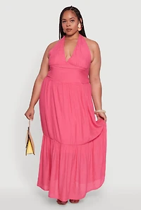 Womens Plus Chic Smocked Back Halter Maxi Sundress, Pink,