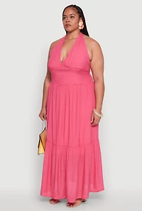 Womens Plus Chic Smocked Back Halter Maxi Sundress,