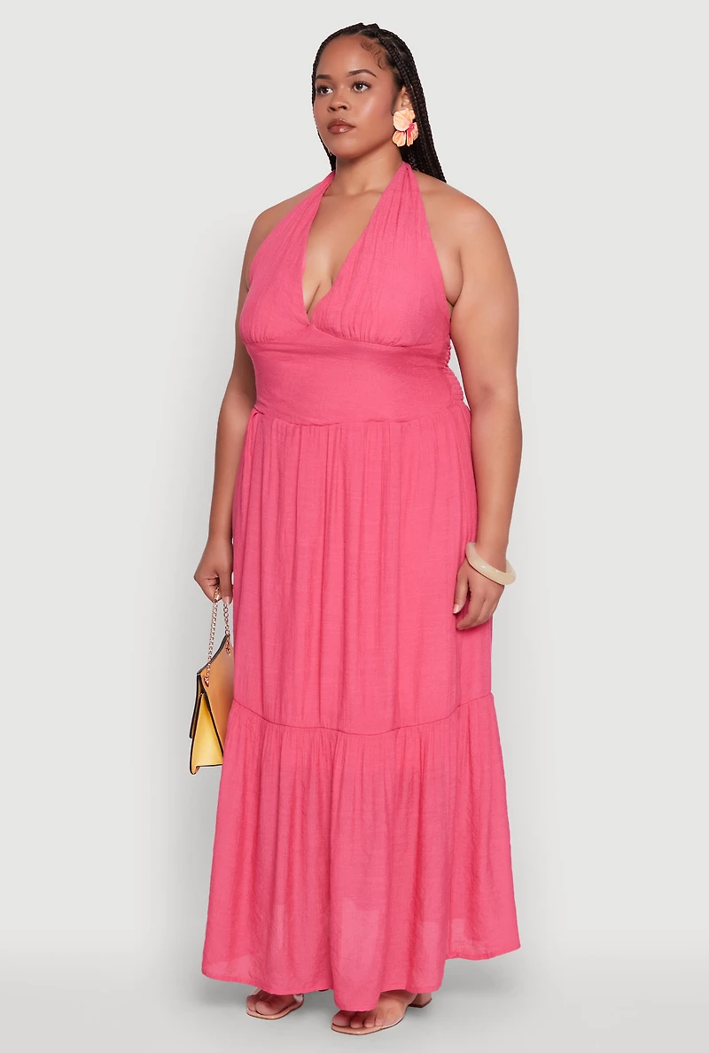Womens Plus Chic Smocked Back Halter Maxi Sundress, Pink,