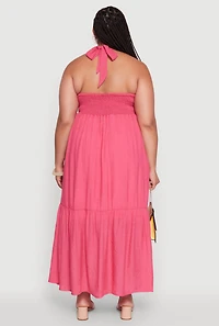 Womens Plus Chic Smocked Back Halter Maxi Sundress, Pink,