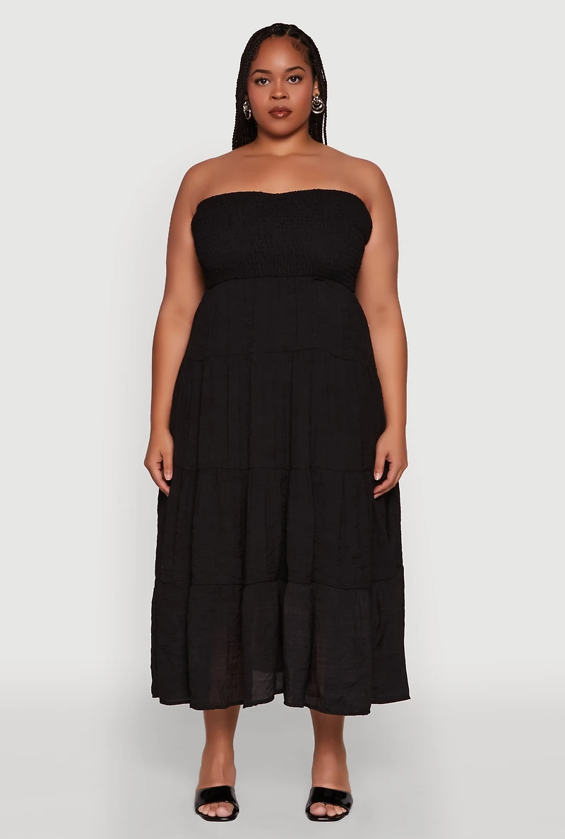 Womens Plus Size Elegant Strapless Tiered Sundress, Black, Size 3X