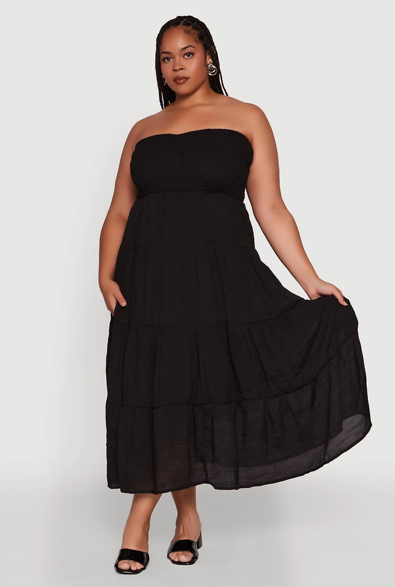 Womens Plus Size Elegant Strapless Tiered Sundress, Black, Size 3X