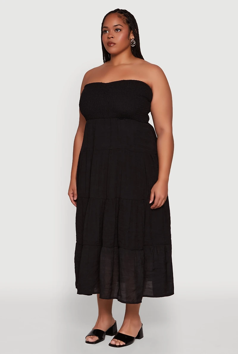 Womens Plus Size Elegant Strapless Tiered Sundress, Black, Size 3X