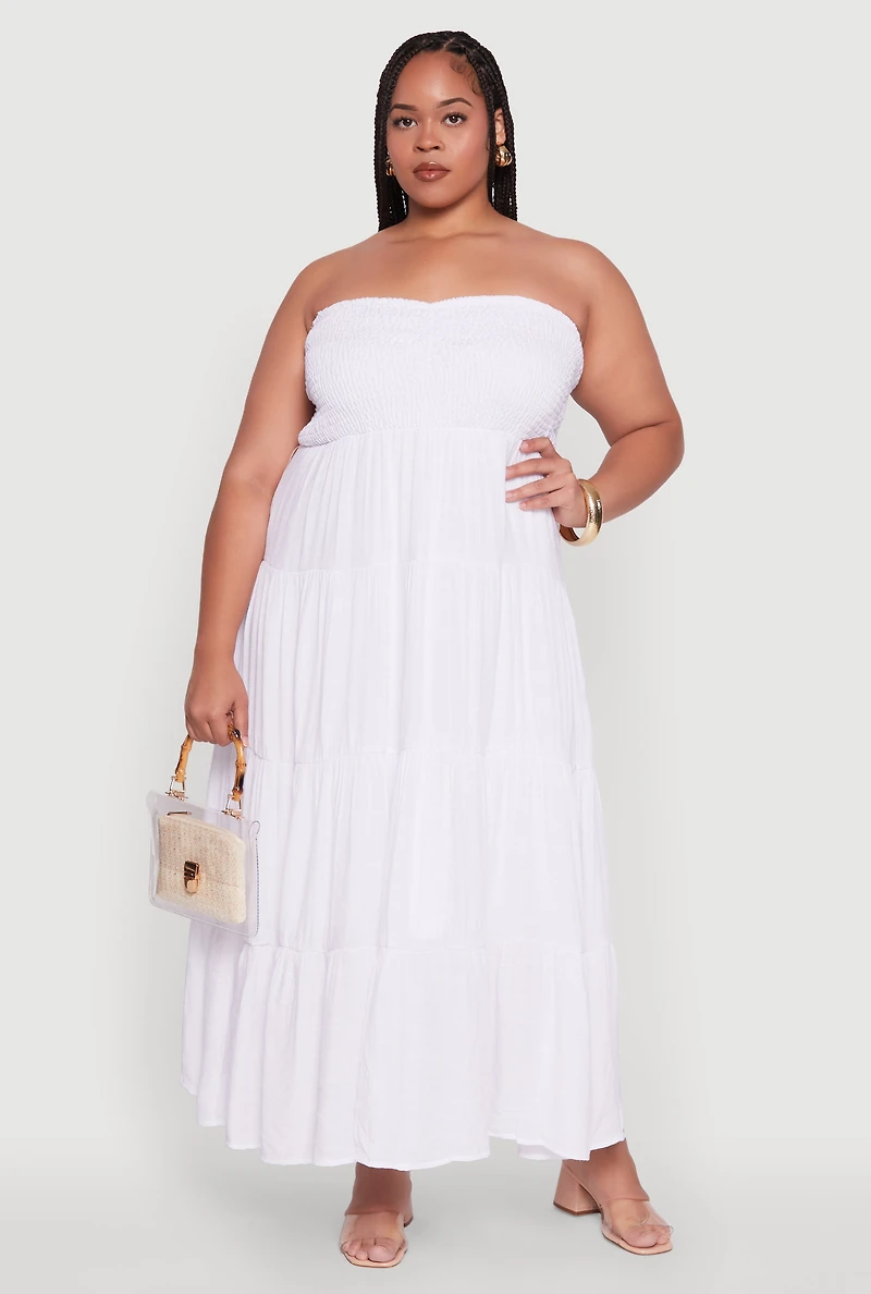 Womens Plus Size Elegant Strapless Tiered Sundress, White, Size 2X