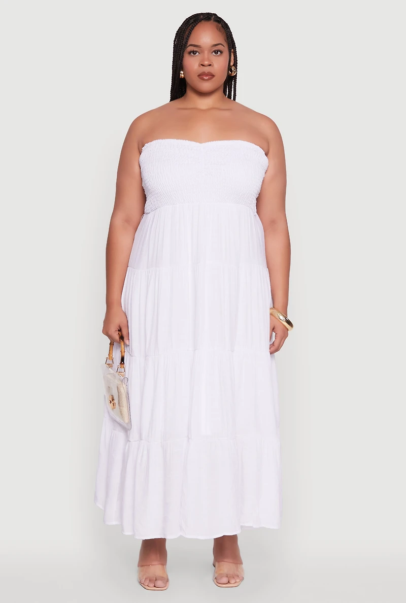 Womens Plus Size Elegant Strapless Tiered Sundress, White, Size 2X