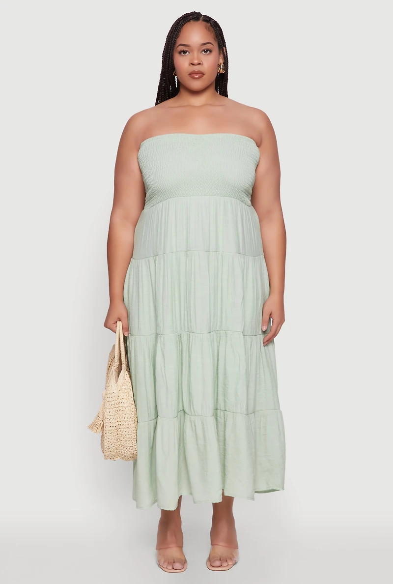 Womens Plus Size Elegant Strapless Tiered Sundress, Green, Size 1X