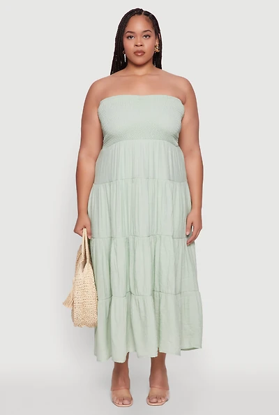 Womens Plus Size Elegant Strapless Tiered Sundress, Green, Size 1X