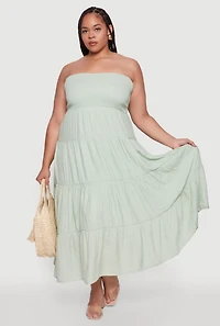 Womens Plus Size Elegant Strapless Tiered Sundress, Green, Size 1X